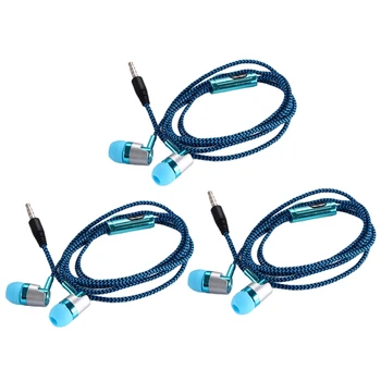 3X H-169 3.5 Mm MP3 MP4 Kablolama Subwoofer Örgülü Kordon, Buğday Tel Kontrollü Evrensel Müzik Kulaklıkları (Mavi)