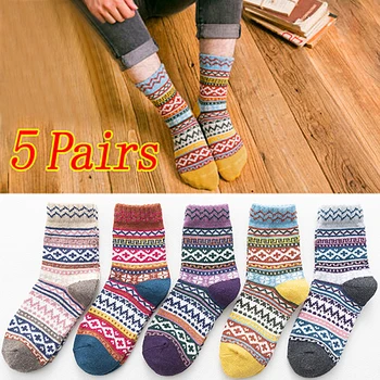 5 Pairs Kadın Sonbahar Ve Kış Örgü Çorap Kalınlaşmış Sıcak Tavşan Yün Çorap Kızlar Orta Tüp Moda Çok Yönlü Kısa Çorap
