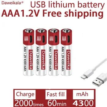 AAA USB Şarj 1.2 V AAA 4300mAH Şarj Edilebilir Lityum Pil için Alarm Tabancası Uzaktan Kumanda Fare Oyuncak Pil + ÜCRETSİZ KARGO
