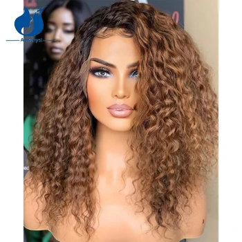 Ametist Ombre Kıvırcık 13x6 Dantel Ön İnsan Saç Peruk İki Renk Kahverengi Dantel Frontal Brezilyalı İnsan Saç Kıvırcık Ombre Kadın için