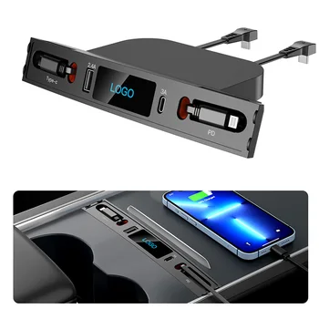 Araba USB şarj aleti İçin Çok Portlu 2021 2022 2023 Model 3/Y Çok Fonksiyonlu Aksesuarlar İle Logo Ve Geri Çekilebilir Kablo