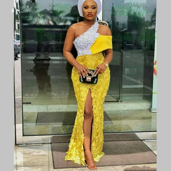 Aso Ebi Tarzı Elbise 2023 Yeni Bir Omuz Abiye Muhteşem Dantel Yüksek Yarık Örgün Önlük Nijeryalı Afrika Kadın Elbise