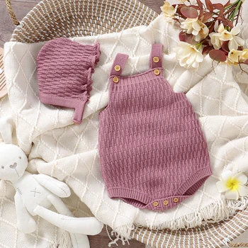 Bebek Bodysuits İlkbahar Yaz Pembe Kolsuz Örgü Yenidoğan Bebek Çocuk Kız Onesie Tulumlar Şapka Giyim Seti 0-18m Kıyafetler Giymek