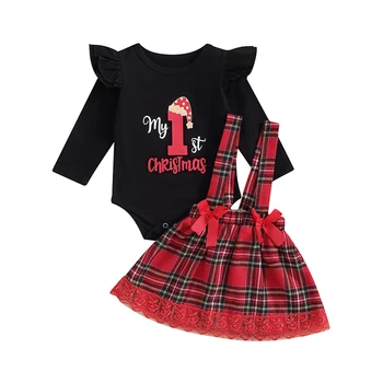 Bebek Kız 2 Parça Kıyafetler Noel Mektubu Baskı Uzun Kollu Romper ve Ekose Askı Etek Sonbahar Bahar Giysileri