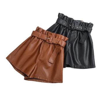 Bel Kadın Şort Tüm Maç Düz Renk Gevşek rahat pantolon Kadın 2023 Şık Moda Suni Deri Şort Vintage Yüksek
