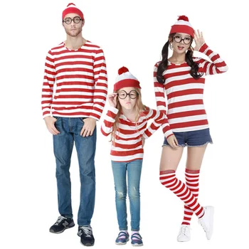 Ebeveyn-Çocuk Nerede Wally Kostüm Waldo Kitap Haftası süslü elbise Kıyafet Şerit Gömlek Şapka Gözlük Seti