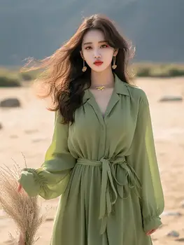 Elbiseler 2023 Yeni Sonbahar traf kadın Zevity Fransız Akşam Zarif Yeşil Uzun Kollu Gömlek Uzun Etek kore moda kadın elbisesi.