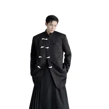 Erkek Siyah Renk 3D Jakarlı Retro Blazers Ceket Standı Yaka Yeni Çin Tarzı