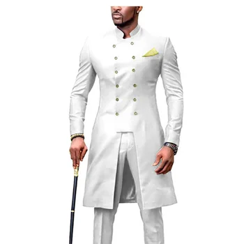 Erkek Takım Elbise Düğün için Uzun Ceket Afrika Tasarım Slim Fit Damat Smokin 2 Parça Damat Takım Elbise En İyi Adam Balo Parti Blazer Seti