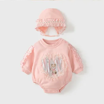 Fener Kollu Bebek Bebek Sevimli Dantel Bodysuits Kız Tulumlar + Şapka Giyim Yenidoğan Giysileri 0-2Y