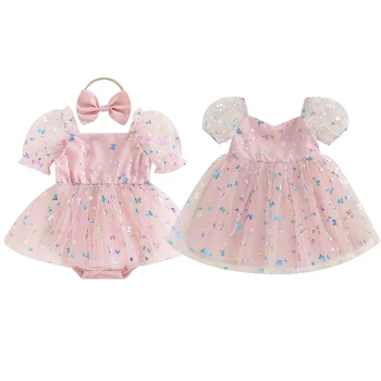 FOCUSNORM 0-4Y Toddler Bebek Kız Tulum / Elbise Örgü Kısa Puf Kollu Kelebek Dantel Tül Tulumlar Elbise Kafa Bandı İle