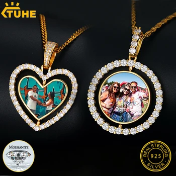 Güzel Takı Kalp Çift Taraflı 925 Gümüş Bellek Madalyonlar Moissanite Özel Fotoğraf Kolye Kolye Erkekler İçin Hip Hop Takı