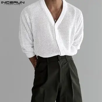 INCERUN Üstleri 2023 Yakışıklı erkek Basit Tüm Maç Delikli Tasarım Gömlek Casual Sıcak Satış V Yaka Örme Uzun Kollu Bluz S-5XL