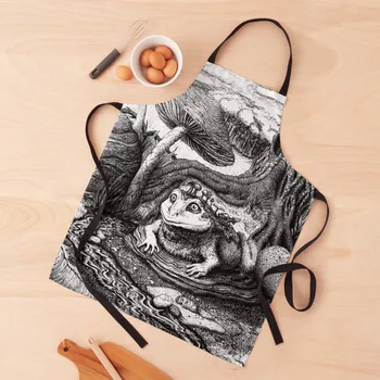Kabarık Kurbağa: Manzara Önlüğünün Ortasında Bir Kurbağa ve Mantarın Tuhaf, Karmaşık, Siyah Beyaz Kalem ve Mürekkep Çizimi