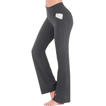 Kadın Dikişsiz Flare Tayt Cepler ile Yüksek Belli Sıska Yoga Pantolon Katı Egzersiz Latin Dans Tayt Rahat Spor Pantolon