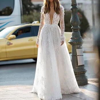 Kadın Mizaç düğün elbisesi Seksi Dantel Derin V Yaka Sundress Zarif Bayanlar Akşam Parti Elbiseler Vestidos Largos De Mujer