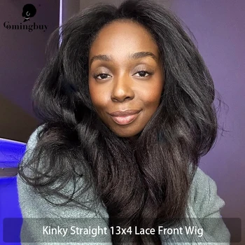 Kinky Düz 13X4 Dantel ön peruk Doğal Şeffaf Brezilyalı Remy İnsan Saç sırma ön peruk Siyah Kadınlar İçin Comingbuy