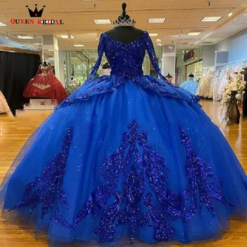 Lüks Kraliyet Mavi Quinceanera elbiseler V Boyun Dantel Aplikler Balo Uzun Kollu vestidos de 15 quinceañera Custom Made LJ35