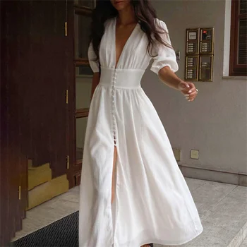 Moda Zarif uzun elbise Kadın Beyaz Seksi V Yaka Elbise İnce Puf Kollu Elbise Bayan Rahat Yarık Tek Göğüslü Parti Elbise