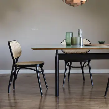 Modern Rattan yemek sandalyeleri Vintage yemek odası mobilyası masif ahşap sandalye Minimalist Koltuk Tek Arka Tasarımcı Yemek Sandalyesi