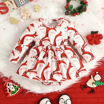 Noel Bebek Kız Romper Elbise Sonbahar Uzun Kollu Karikatür Noel Baba Baskılar Tulum Yenidoğan Bodysuits Noel parti giysileri
