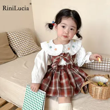 RiniLucia Toddler Bebek Kız giyim setleri Çocuklar Kostüm 2023 Yeni Sonbahar Giyim Seti Çiçek Üstleri Elbise 2 adet Kıyafet Kız Takım Elbise