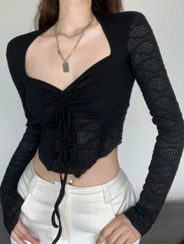 Siyah Sıska Kadın T-shirt Bahar Sonbahar Uzun Kollu Kare Yaka Kırpma Üst Moda İpli Lace Up Tops Seksi İnce Streetwear