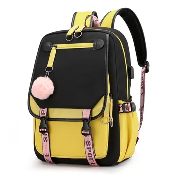 Sırt çantası Kızlar için Okul Çantaları Çocuklar Tuval Schoolbag Öğrenci Kitap Çantası Moda Pembe Sarı Genç okul sırt çantası USB Portu ile