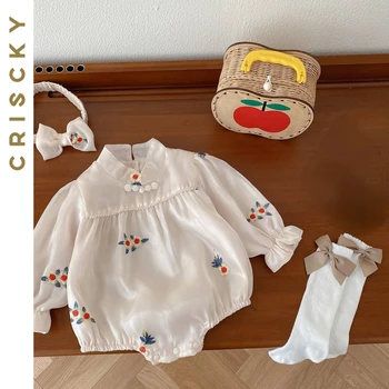 Tatlı Bebek Yenidoğan Romper Sonbahar Uzun Kollu Çiçek Nakış Romper Kız Giysileri 2023 Yeni Tulum Bebek Giyim
