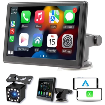 Taşınabilir Kablosuz Carplay Ekran Dash Dağı, 7 İnç Dokunmatik Ekran Araba Stereo Bluetooth, Arka Kamera,