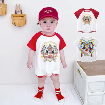 Yaz Bebek Giysileri Erkek Kız Bodysuit Bebek Kawaii Kısa Pamuk Romper Çin Aslan Dans Onesie Yenidoğan bebek tulumları