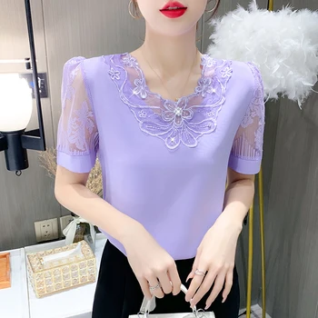 Yeni Yaz Gevşek Buz İpek Şifon Gömlek kadın Giyim Altlık Kısa Kollu Nakış Gömlek bluz kadın bayan üstleri M-XXXL