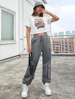 Yüksek Elastik Bel İpli Çoklu Cepler Streetwear Y2k Baggy Kargo Kadın Pantolon Düz Hip Hop Yaz Pantolon Kadın