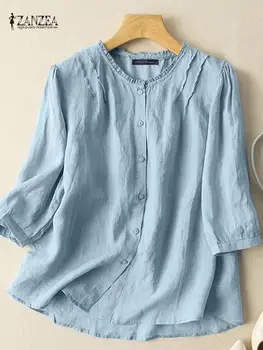 ZANZEA Sonbahar O Boyun 3/4 Kollu Bluz Kadınlar Vintage Gömlek Casual Ruffles Tunik Üstleri Katı Düğmeler Çalışma Blusas Chemise Mujer