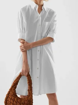 Zarif Kadın Bluzlar Mini Elbiseler Turn Down Yaka Yarım Kollu Cepler Tek Göğüslü Bayan Elbise Streetwear Basit Vestidos