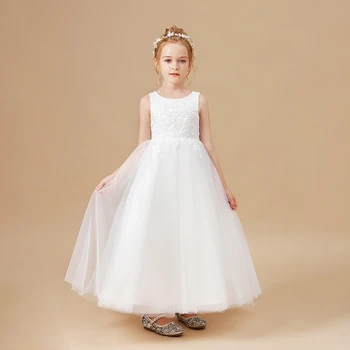 Zarif Çiçek Kız Elbise Düğün için Aplike Kolsuz Prenses Çocuk Akşam Parti Balo İlk Communion Pageant balo elbisesi