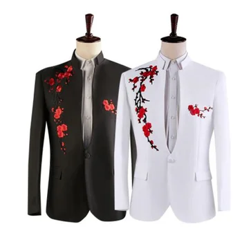 Çin Tarzı Blazer Erkek Takım Elbise Pantolon İle Set Erik Çiçeği Nakış Korosu Gençler Sahne Kıyafetleri Konak Elbise Siyah Beyaz