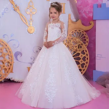 Çocuk gelinlik uzun kollu iz dantel Doğum günü performansı uzun kabarık Prenses elbise